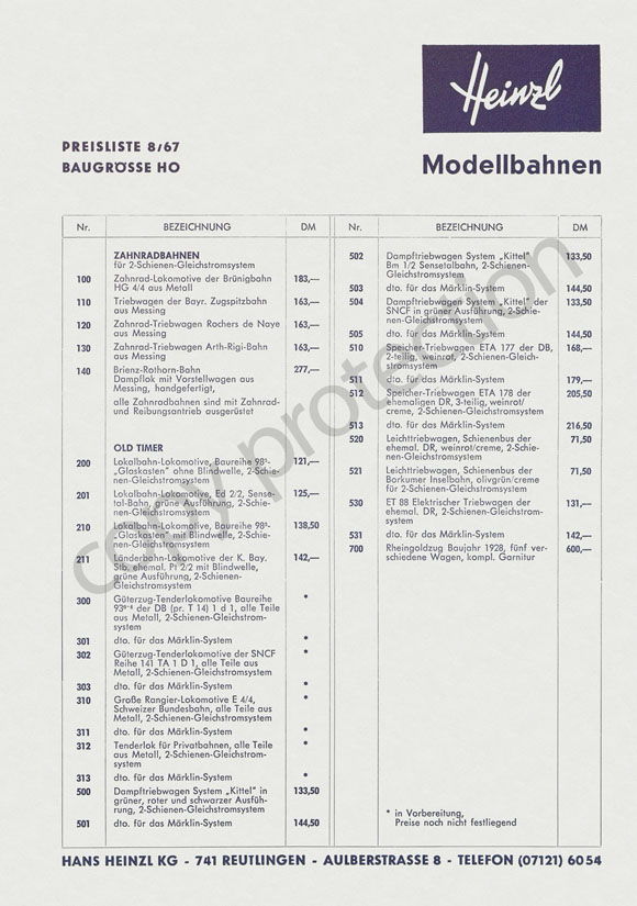 Heinzl Modellbahnen Preisliste 8/67