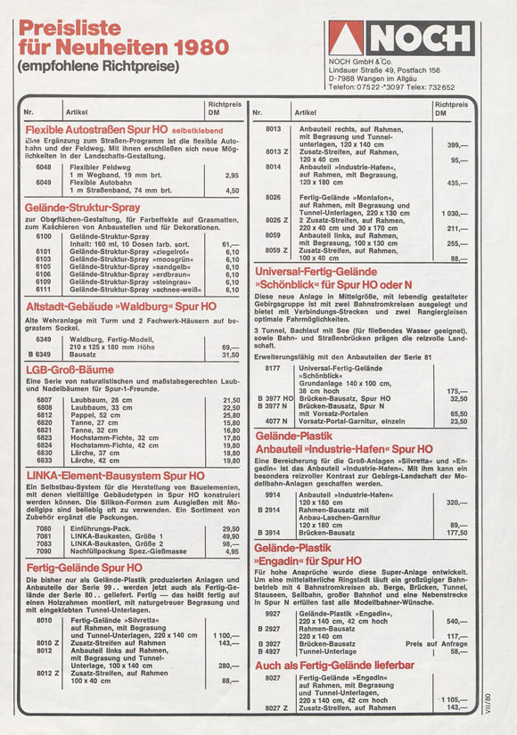 Noch Preisliste Neuheiten 1980