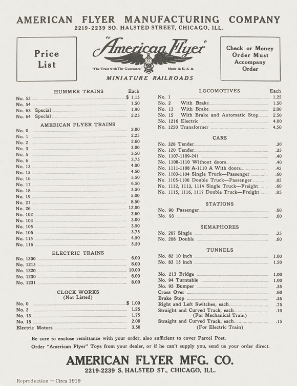 American Flyer price list 1919