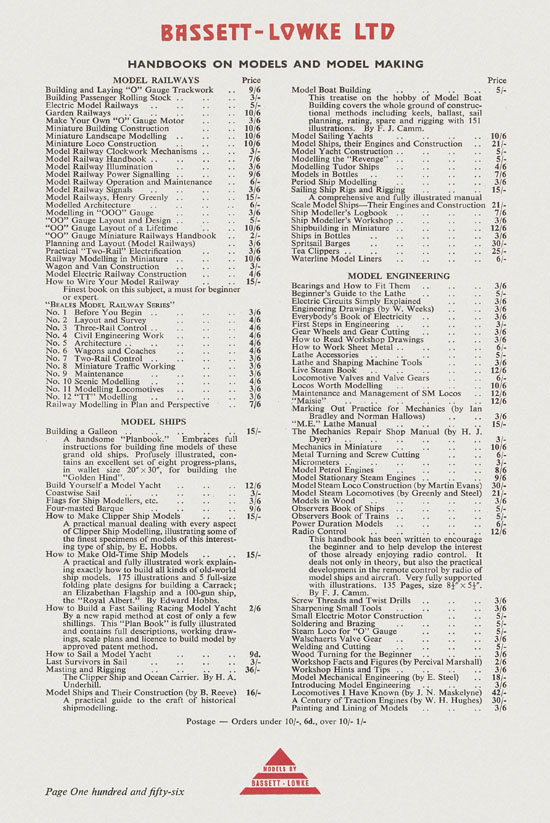 Bassett-Lowke Model Railway and Engineering catalogue 1959