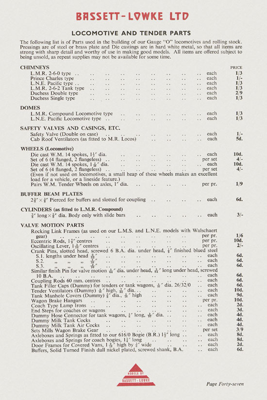 Bassett-Lowke Model Railway and Engineering catalogue 1959