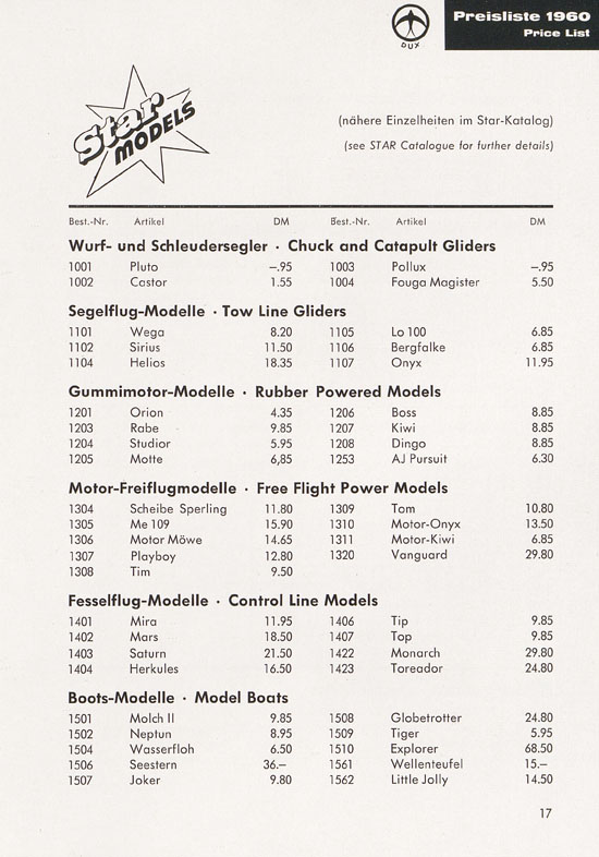 DUX Modellbau Flugmodelle Katalog 1960