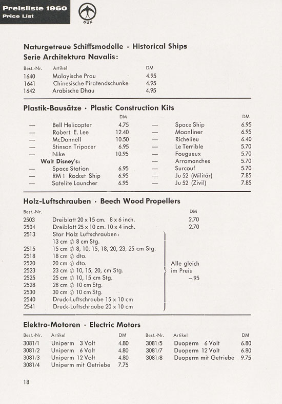 DUX Modellbau Flugmodelle Katalog 1960