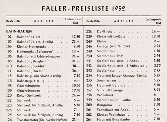 Faller Preisliste 1952