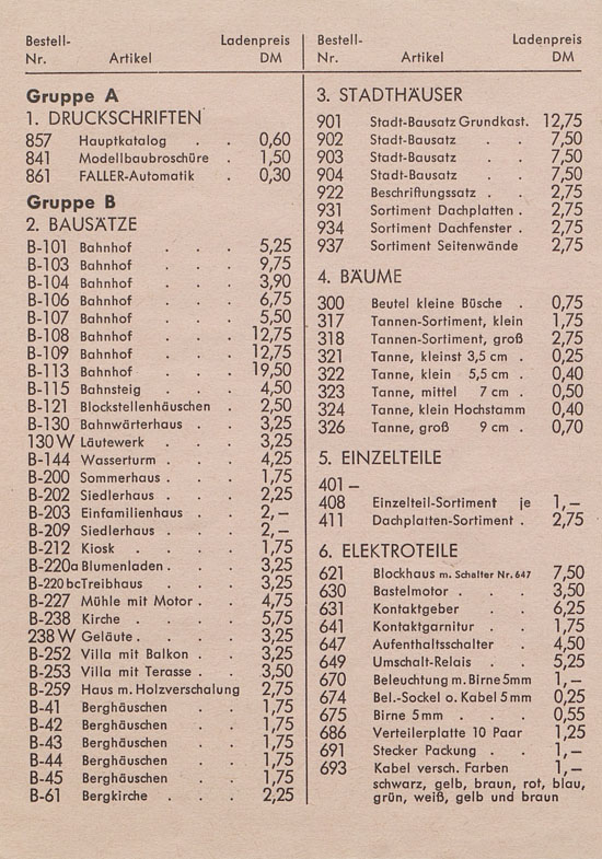 Faller Preisliste 1957