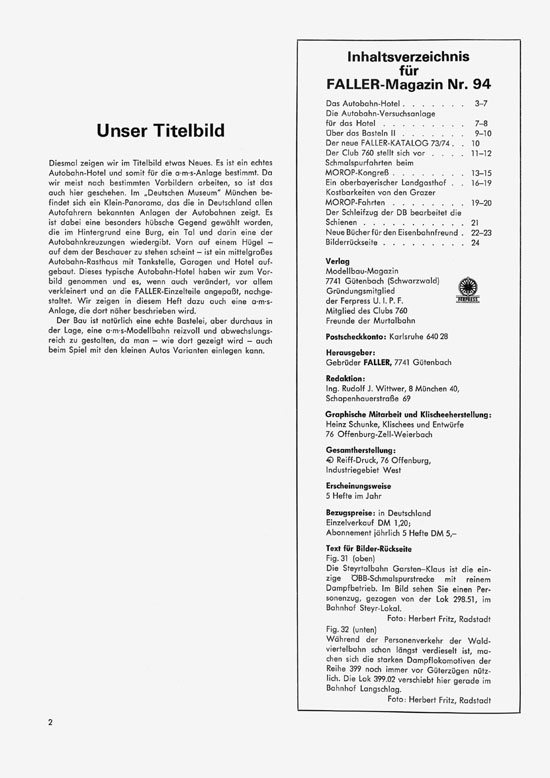 Seite 2 Faller-Magazin Nr.94 Februar 1974