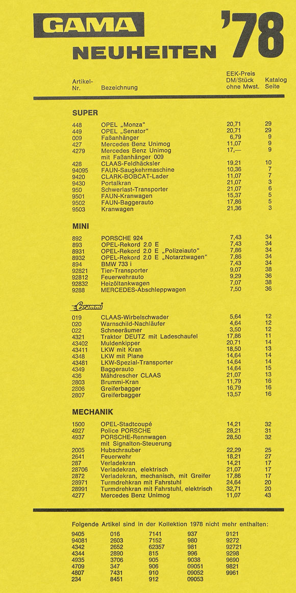 Gama Neuheiten Preisliste 1978