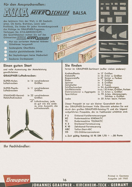 Seite 16 Graupner Flug- und Schiffsmodellbau Prospekt 1960