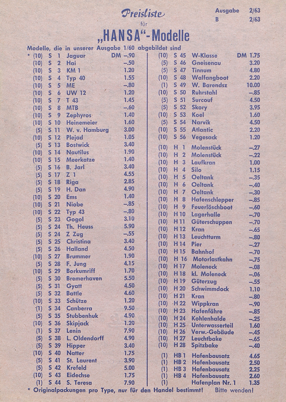 Hansa-Modelle Preisliste 1963