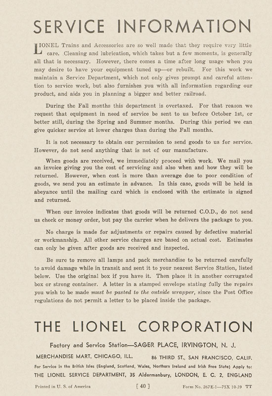 Lionel Instructions for Assembling and Operating 1939