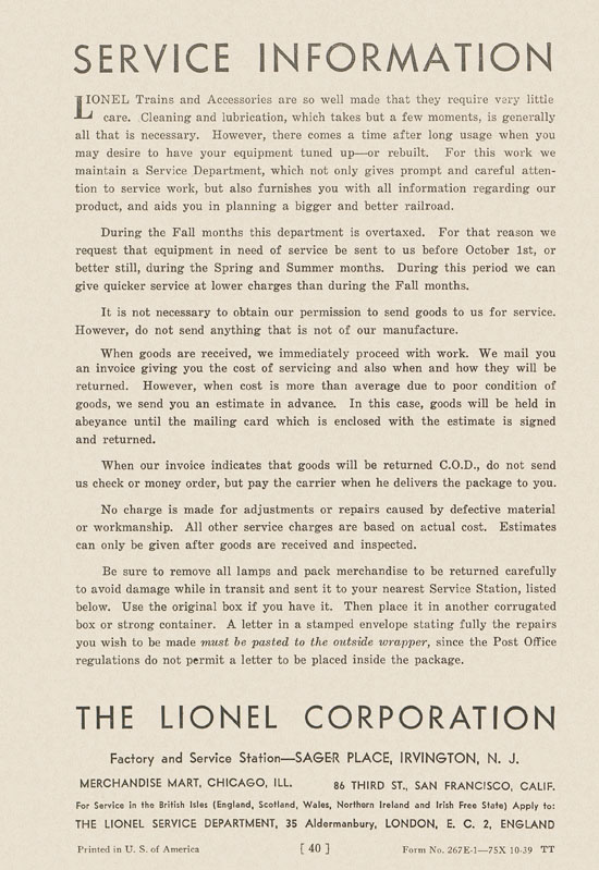 Lionel Instructions for Assembling and Operating 1939