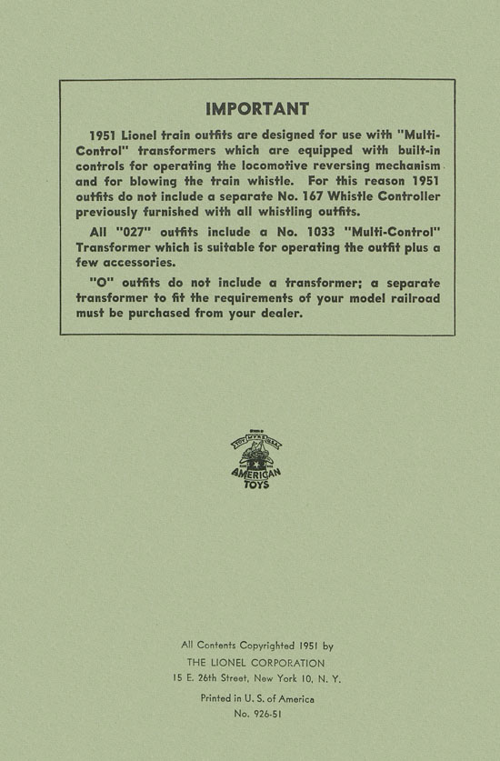 Lionel Instructions for Assembling and Operating 1951