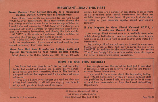 Lionel Instructions for Assembling and Operating 1953