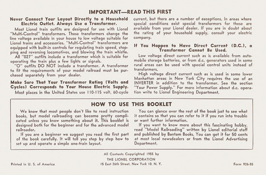 Lionel Instructions for Assembling and Operating 1955-1956