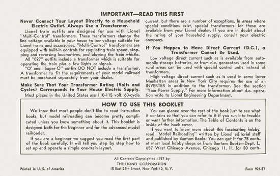 Lionel Instructions for Assembling and Operating 1957