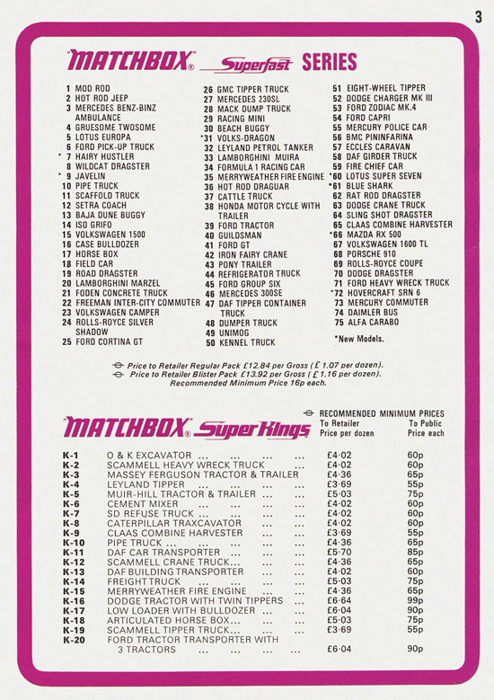 Matchbox Pricelist January 1972