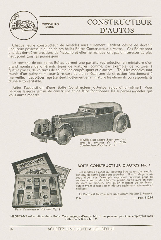 Jouets Meccano catalogue 1937