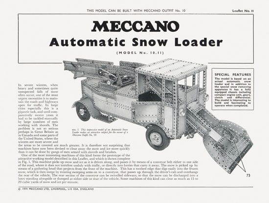 Meccano Leaflet No. 11 1974 Automatic Snow Loader