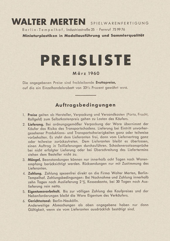 Walter Merten Preisliste März 1960