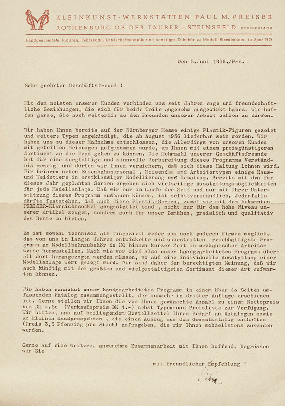 Preiser Anschreiben zur Einführung von Plastik-Artikel 1956