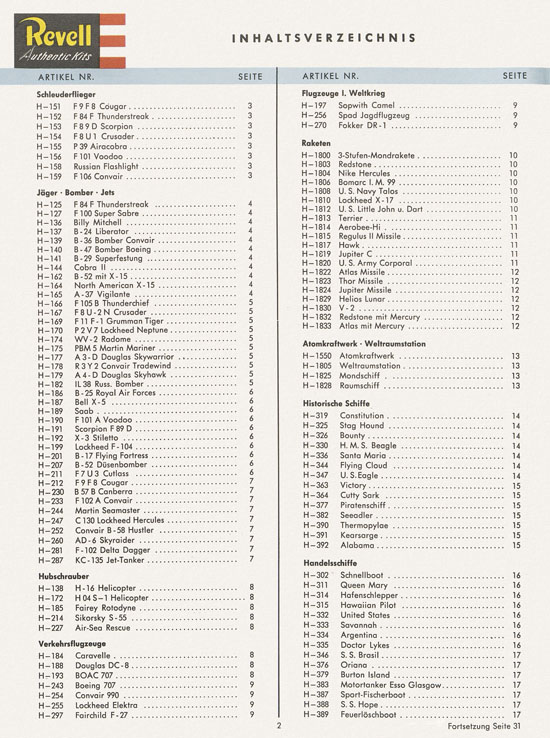 Revell Hobby Modelle Katalog 1962