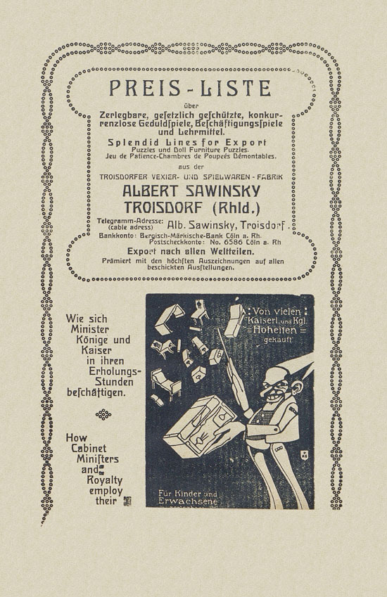 Sawinsky Geduldspiele - Beschäftigungsspiele und Lehrmittel Preisliste 1912