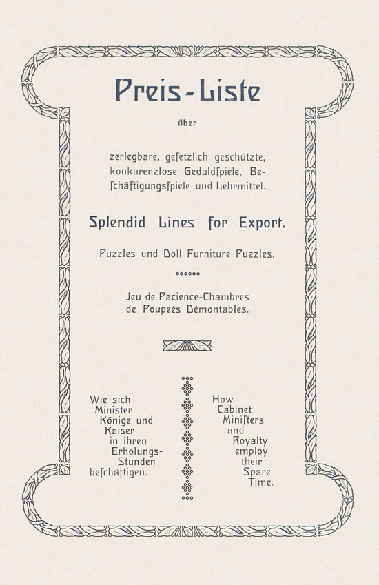 Sawinsky Geduldspiele - Beschäftigungsspiele und Lehrmittel Preisliste 1912