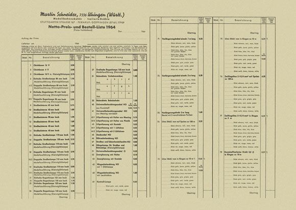 Schneider Modellbahnzubehör Preisliste 1964