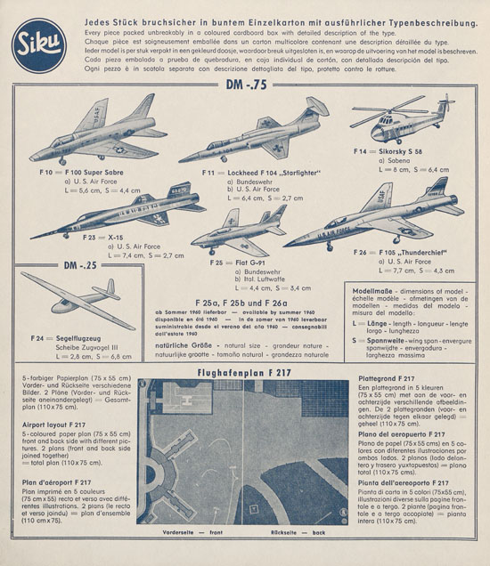 Siku Katalog 1960, Siku Flugmodelle 1960