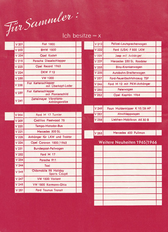 Siku Katalog 1965, Preisliste 1965, Bildpreisliste 1965, Verkehrsmodelle 1965