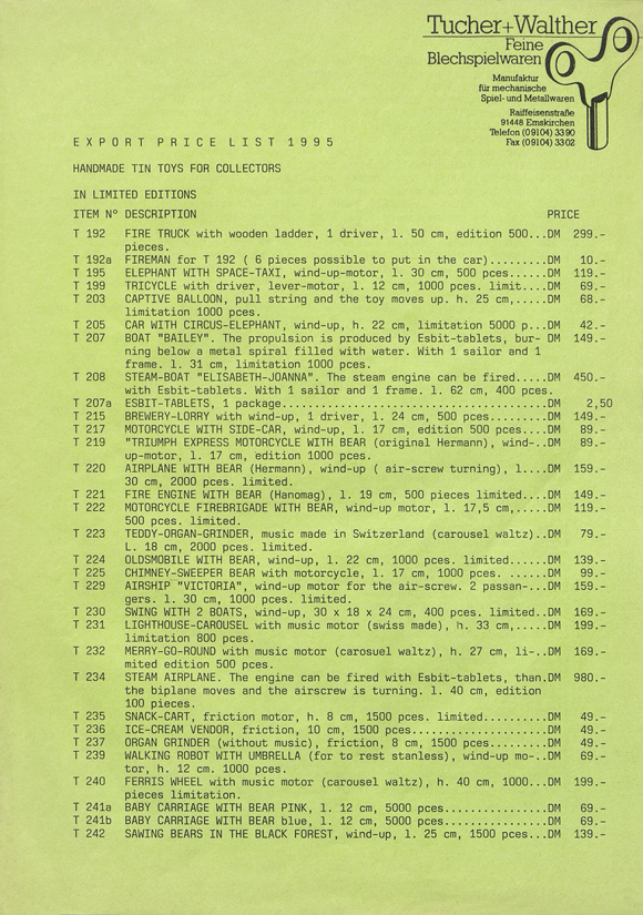 Tucher & Walther Export-Preisliste 1995