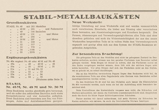 Walther Metall-Baukasten Stabil Katalog 1951