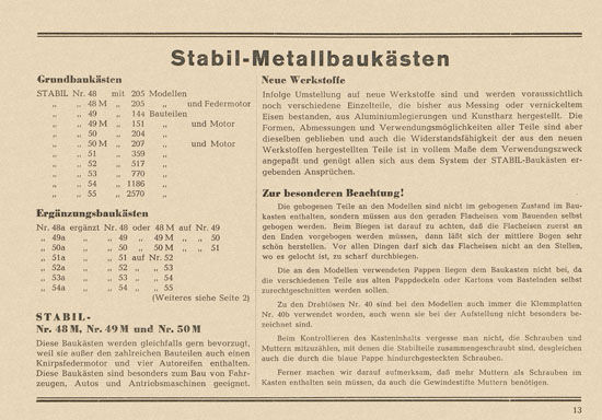 Walther Metall-Baukasten Stabil Katalog 1952