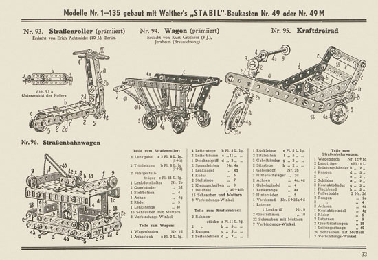 Walther Metall-Baukasten Stabil Katalog 1953