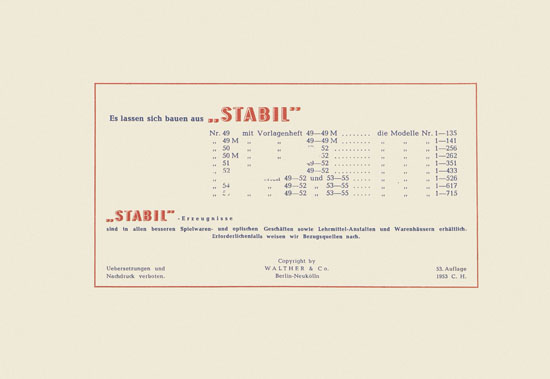 Walther Metall-Baukasten Stabil Katalog 1953