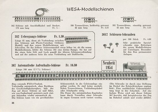 Wesa Elektrische Modelleisenbahn Spur 13 mm Katalog 1954