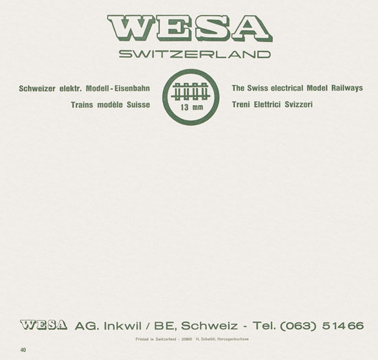 Wesa Schweizer Elektrische Modelleisenbahn Spur 13 mm Katalog 1960