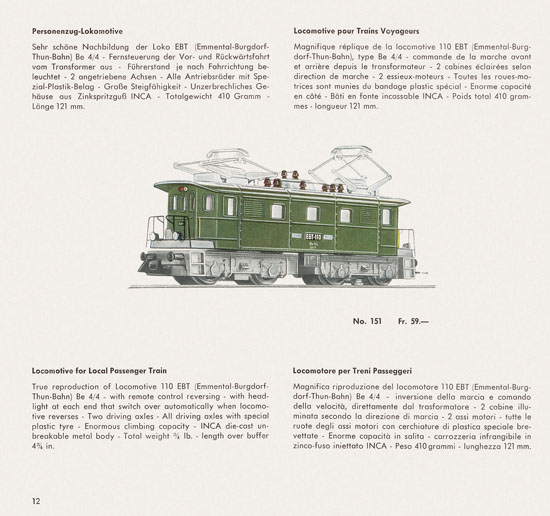 Wesa Schweizer Elektrische Modelleisenbahn Spur 13 mm Katalog 1959