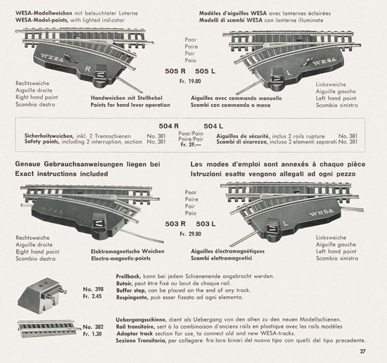 Wesa Schweizer Elektrische Modelleisenbahn Spur 13 mm Katalog 1959