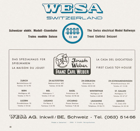 Wesa Schweizer Elektrische Modelleisenbahn Spur 13 mm Katalog 1959