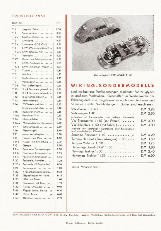 Wiking Preisliste 1951