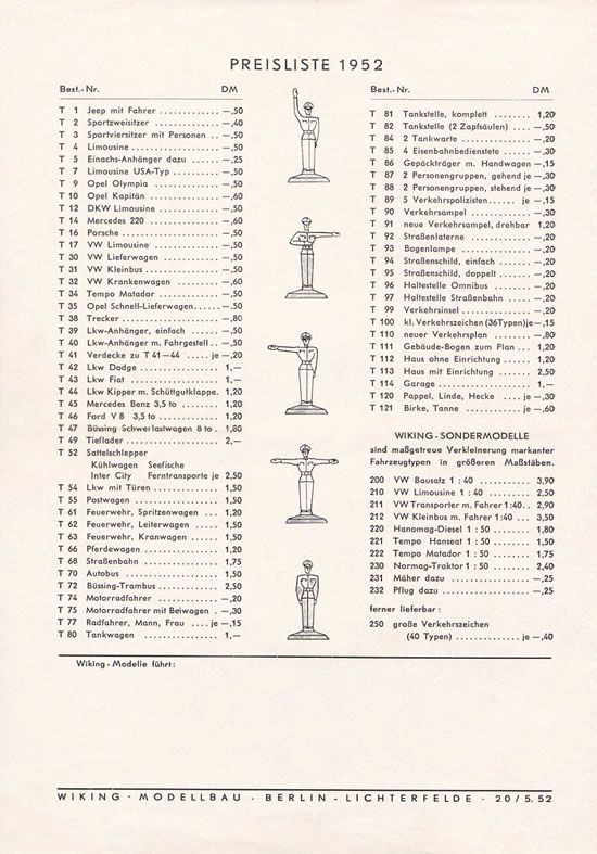 Wiking Katalog 1952, Wiking Modellbau Kataloge, Preisliste 1952, Bildpreisliste 1952, Verkehrsmodelle 1952