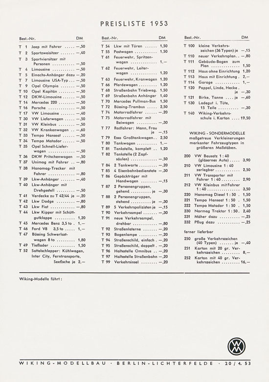 Wiking Katalog 1953, Wiking Modellbau Kataloge, Preisliste 1953, Bildpreisliste 1953, Verkehrsmodelle 1953