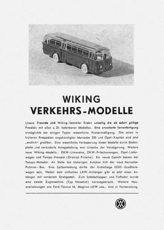 Wiking Katalog 1953, Wiking Modellbau Kataloge, Preisliste 1953, Bildpreisliste 1953, Verkehrsmodelle 1953