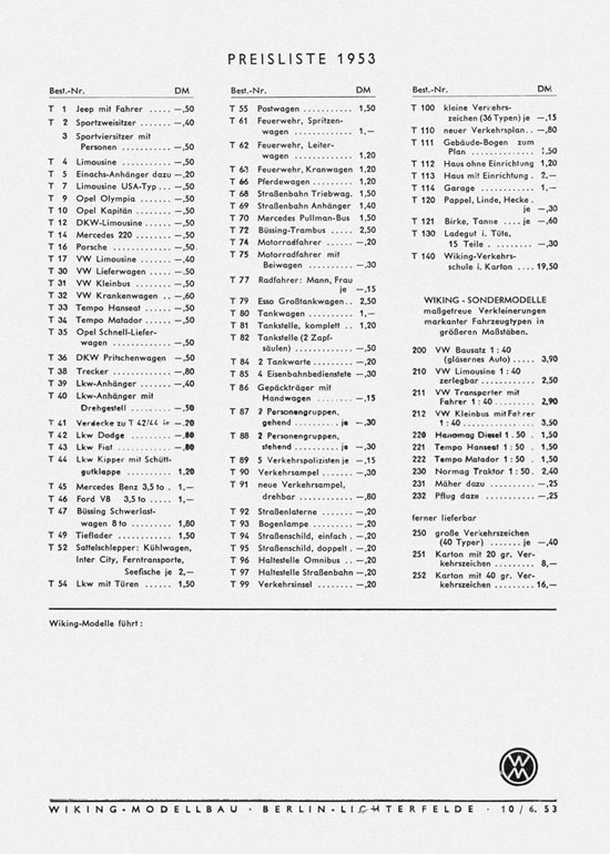 Wiking Katalog 1953, Wiking Modellbau Kataloge, Preisliste 1953, Bildpreisliste 1953, Verkehrsmodelle 1953