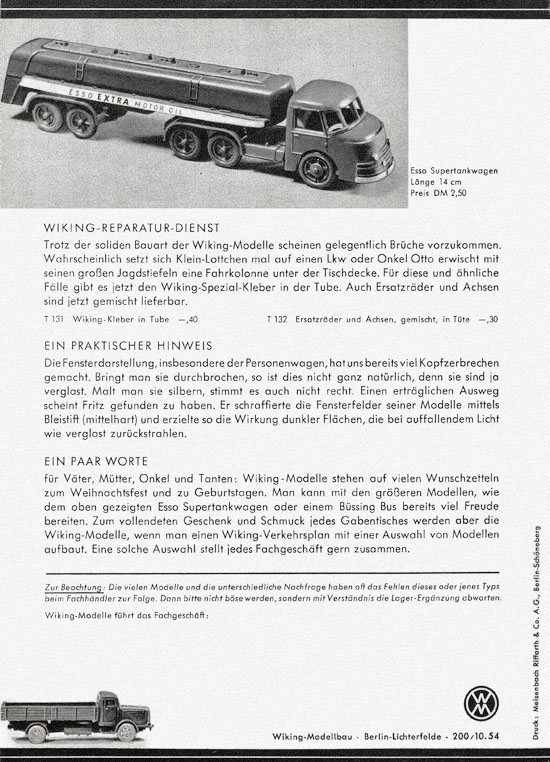 Wiking Katalog 1954, Wiking Modellbau Kataloge, Preisliste 1954, Bildpreisliste 1954, Verkehrsmodelle 1954