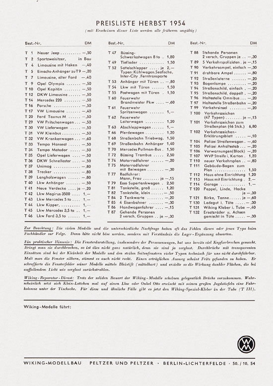 Wiking-Modelle 1954, Wiking Modellbau Kataloge, Preisliste 1954, Bildpreisliste 1954, Verkehrsmodelle 1954