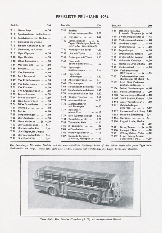 Seite 4 Wiking Katalog 1954, Wiking Modellbau Kataloge, Preisliste 1954, Bildpreisliste 1954, Verkehrsmodelle 1954