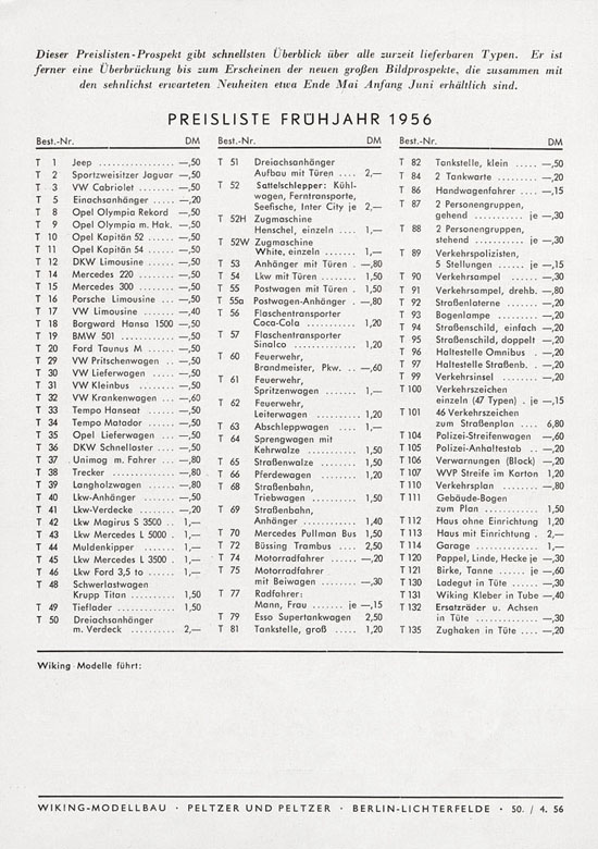 Seite 2 Wiking Katalog 1956, Wiking Modellbau Kataloge, Preisliste 1956, Bildpreisliste 1956, Verkehrsmodelle 1956