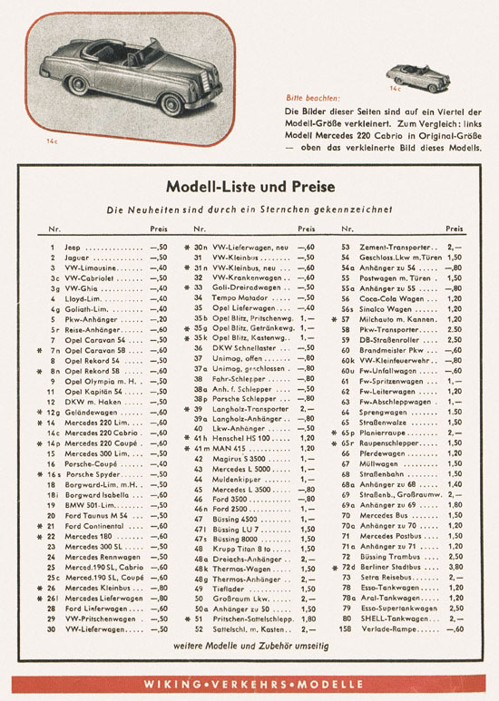 Wiking Katalog 1959, Wiking Modellbau Kataloge, Preisliste 1959, Bildpreisliste 1959, Verkehrsmodelle 1959